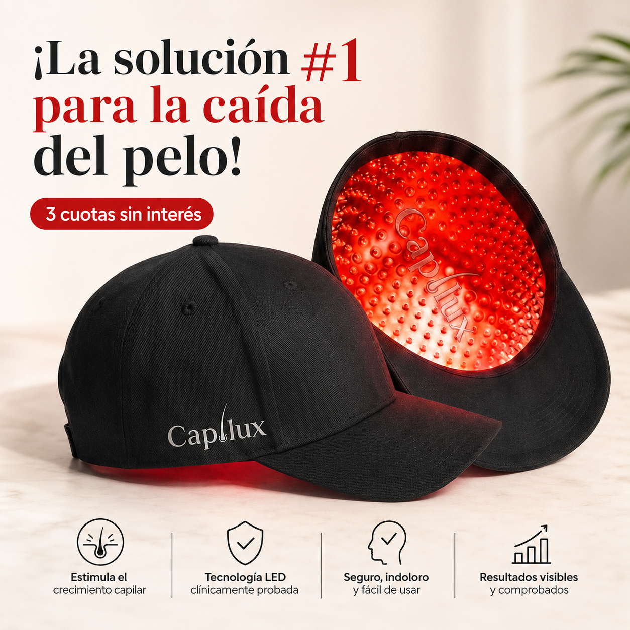 Capilux gorra LED para caída de pelo — diseño wearable hands-free