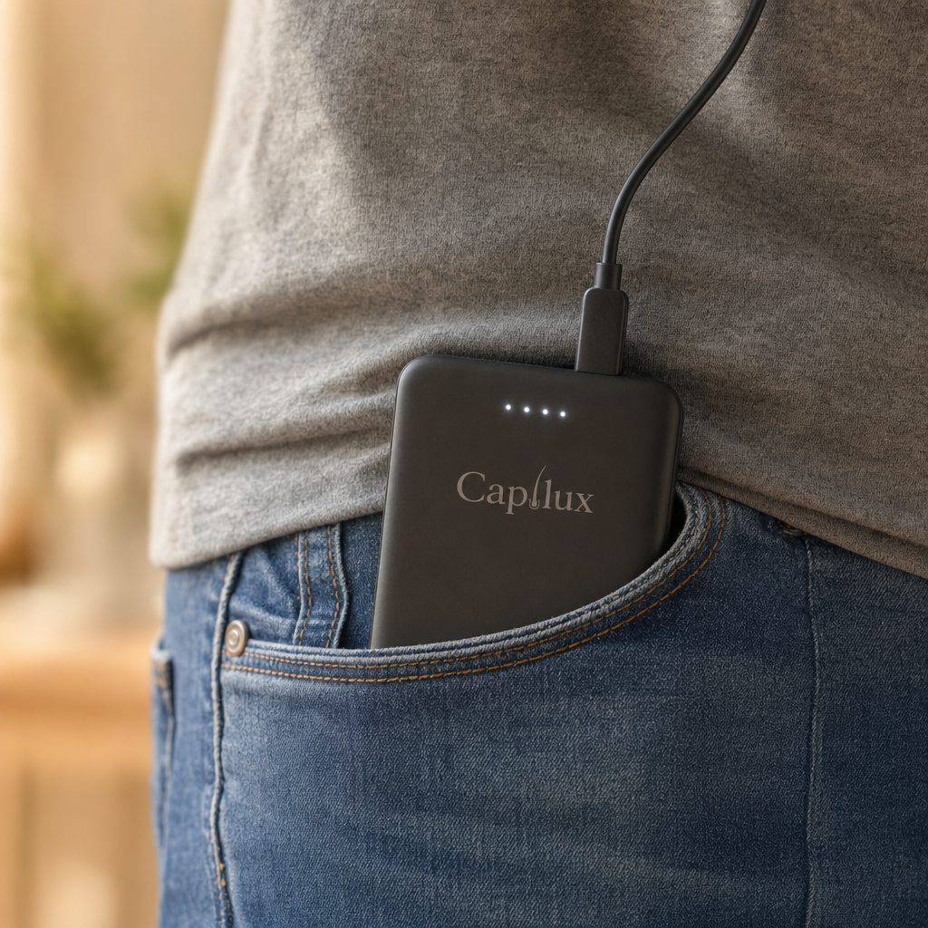 Batería Capilux GO en el bolsillo del jean con el cable subiendo