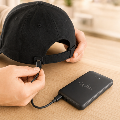 Cable USB-C conectándose al puerto de la gorra Capilux desde la batería GO