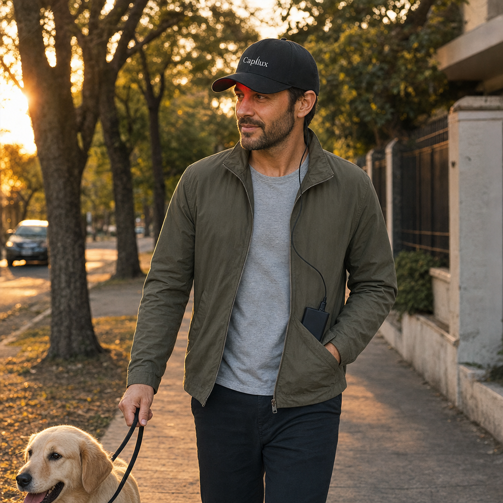 Hombre paseando el perro con la gorra Capilux y la batería en el bolsillo