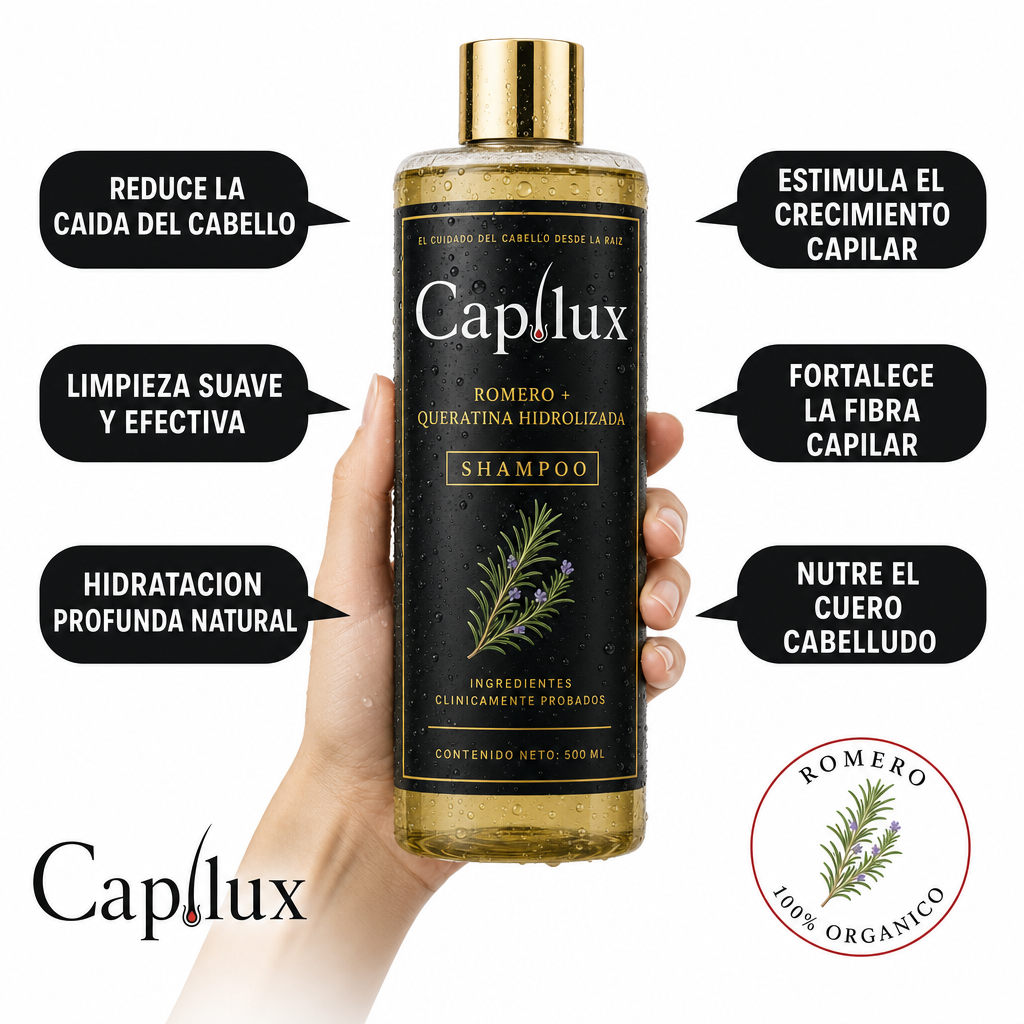 Beneficios del Shampoo Capilux: reduce la caída, estimula el crecimiento, fortalece la fibra