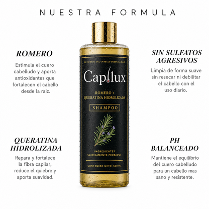 Nuestra fórmula: romero, queratina hidrolizada, sin sulfatos, pH balanceado