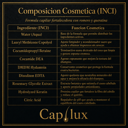 Composición cosmética INCI del Shampoo Capilux