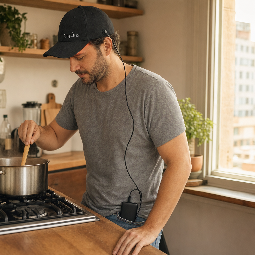 Hombre cocinando con la gorra Capilux puesta y la batería Capilux GO en el bolsillo